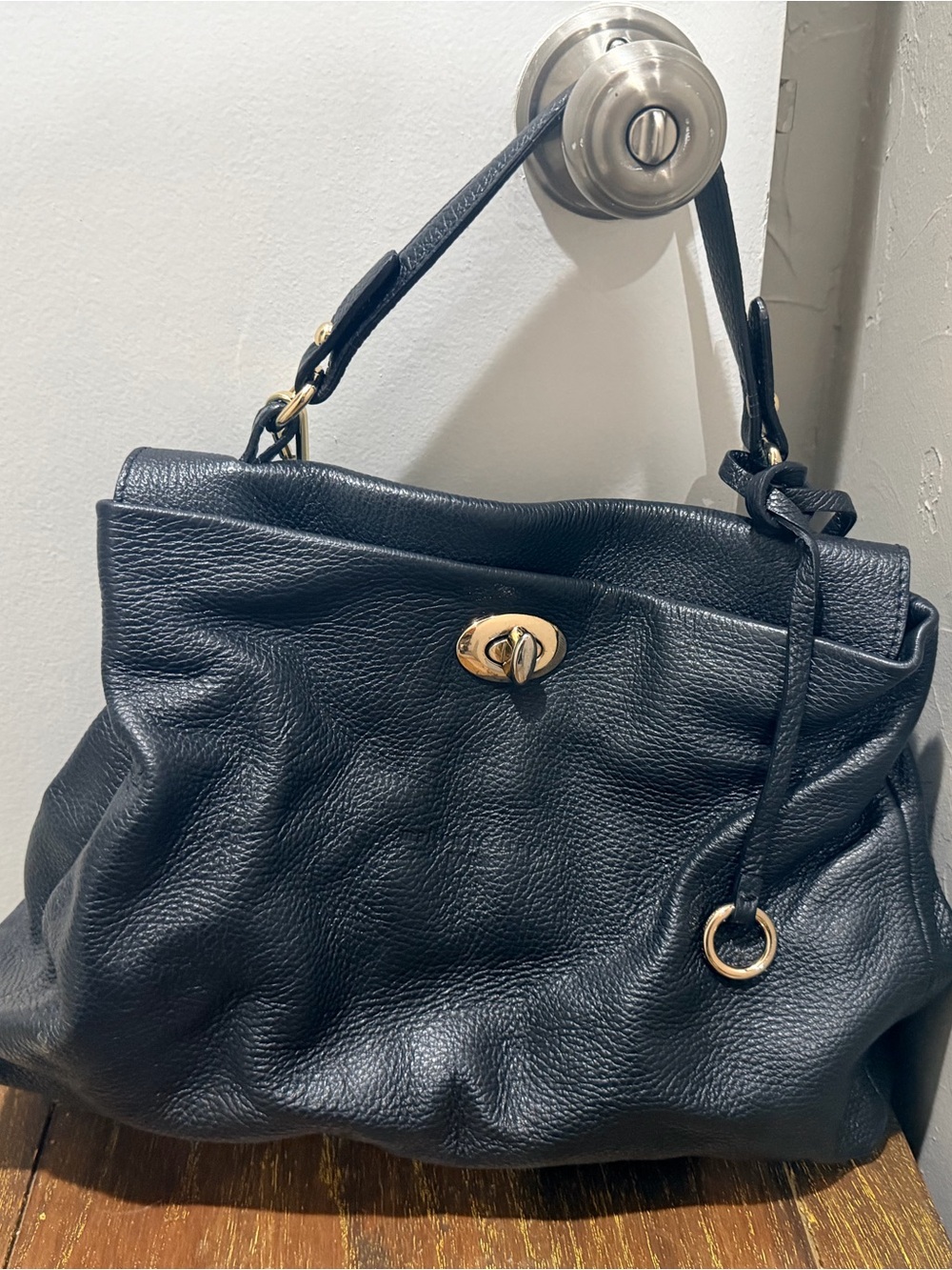 Black Leather Shoulder Bag with Gold Hardware